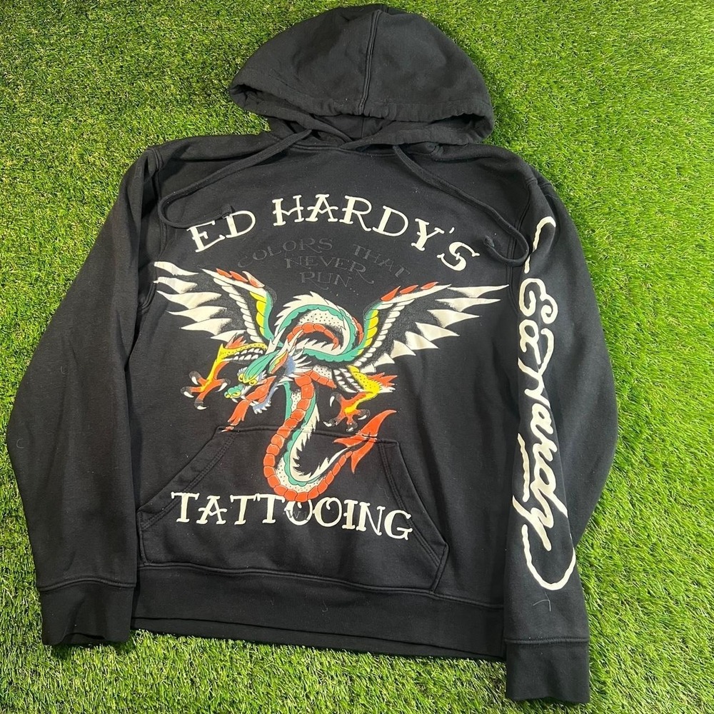 Ed Hardy Dragon Hoodie Black Graphic Spell Out Tattoo Y2K Men's Medium M DEH